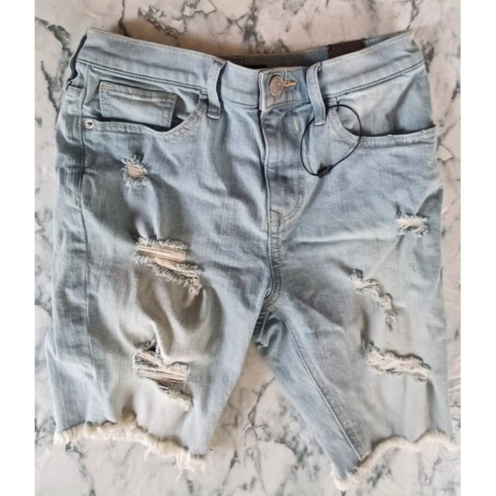 Express Bermuda Denim Shorts Women Sz 0 Distressed Thrashed Trashed Skater Biker
